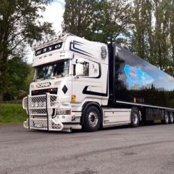 Camión grande con remolque azul y logotipo en carretera